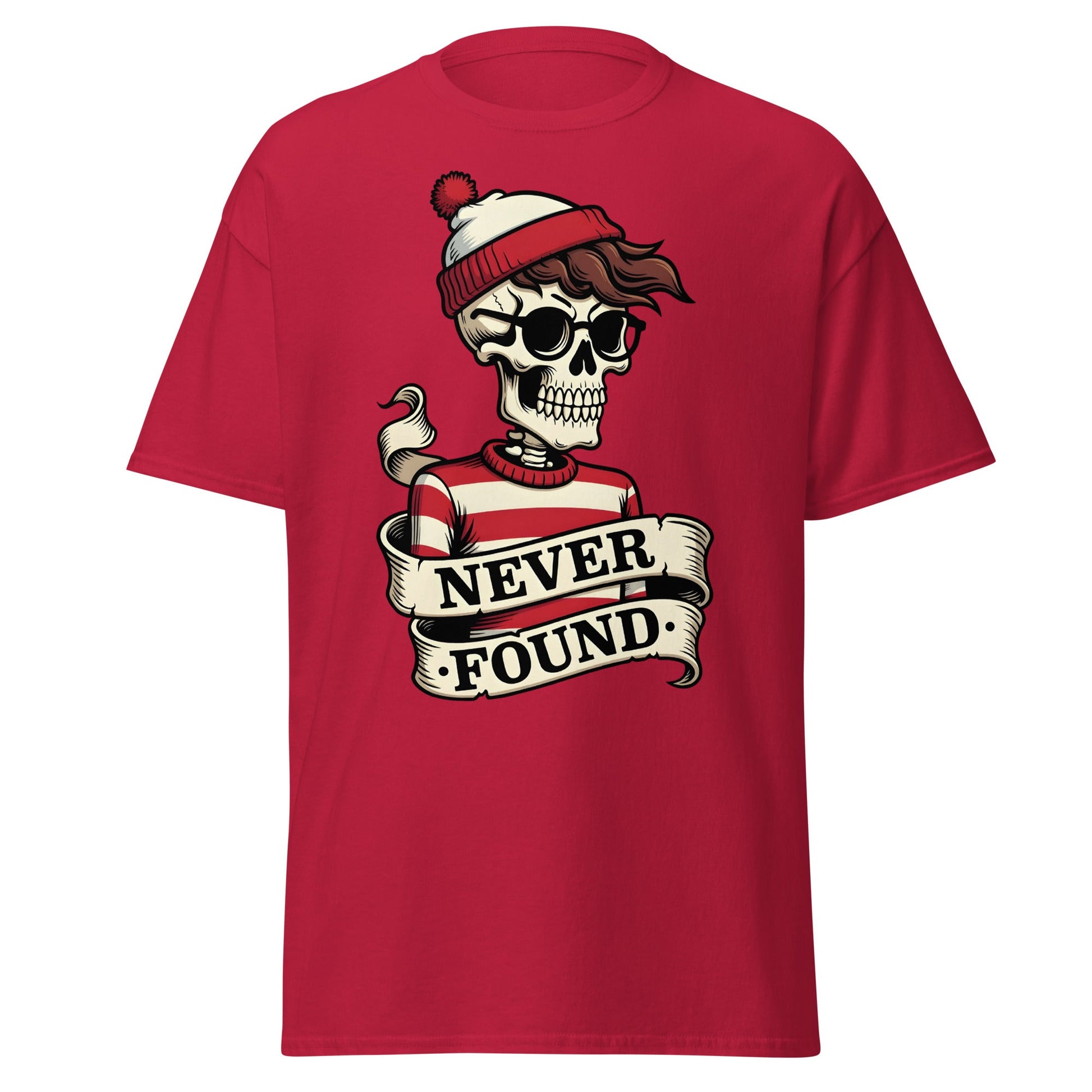 Never Found Skeleton T-Shirt - Funny Waldo Parody Tee - Cardinal - T-Shirts Online