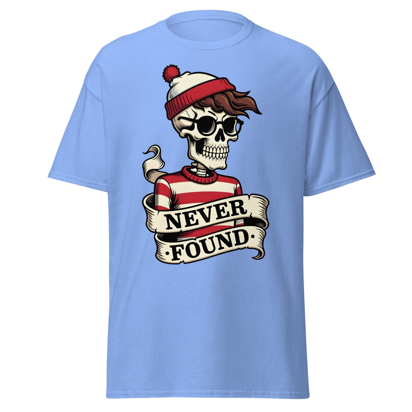 Never Found Skeleton T-Shirt - Funny Waldo Parody Tee - Carolina Blue - T-Shirts Online