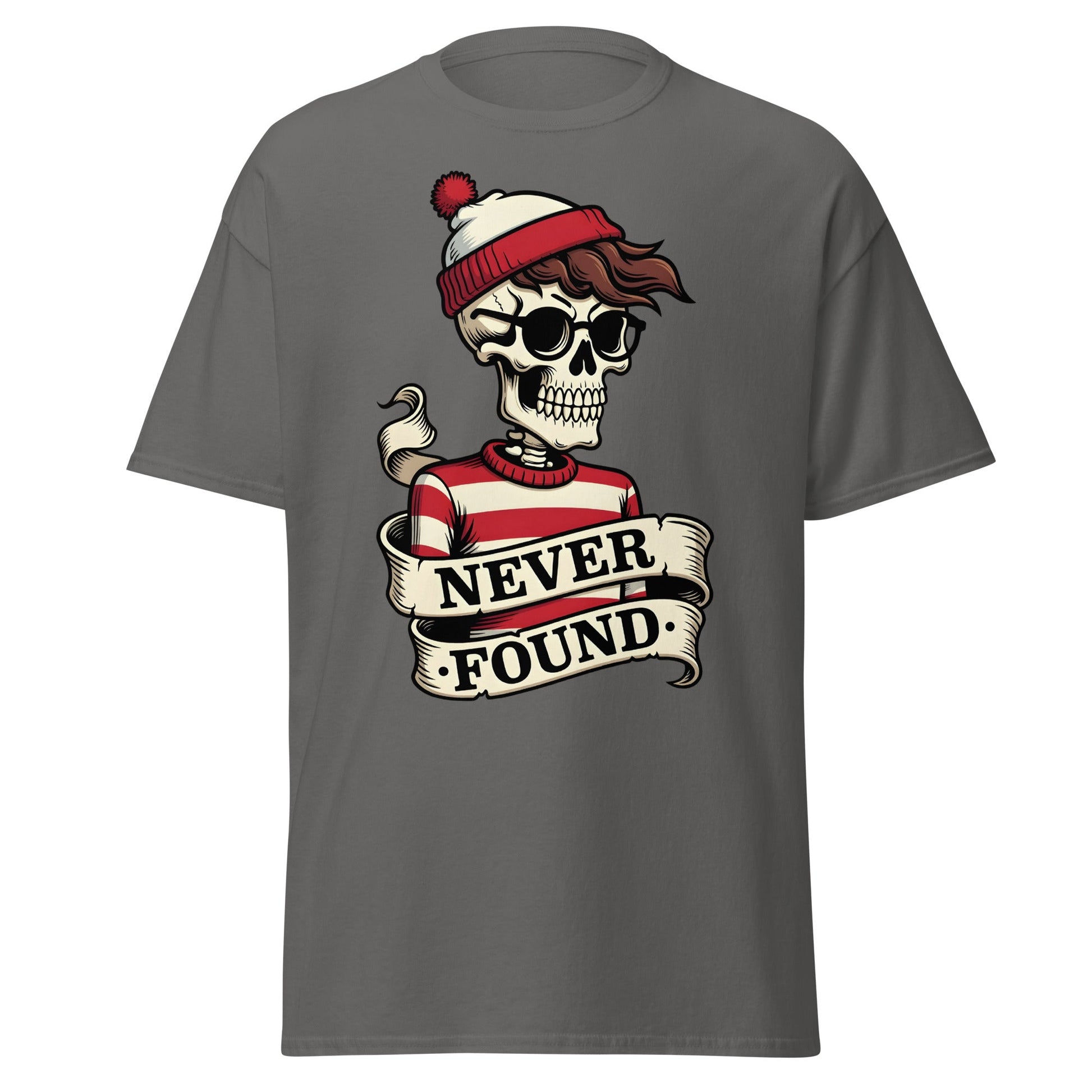 Never Found Skeleton T-Shirt - Funny Waldo Parody Tee - Charcoal - T-Shirts Online
