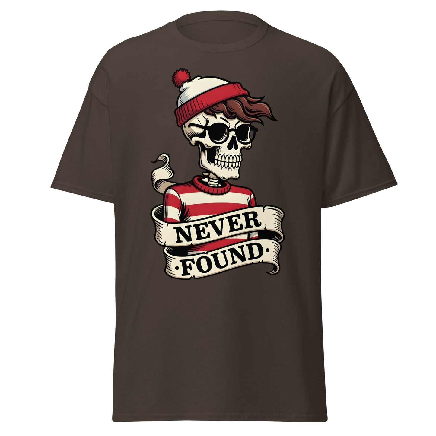 Never Found Skeleton T-Shirt - Funny Waldo Parody Tee - Dark Chocolate - T-Shirts Online