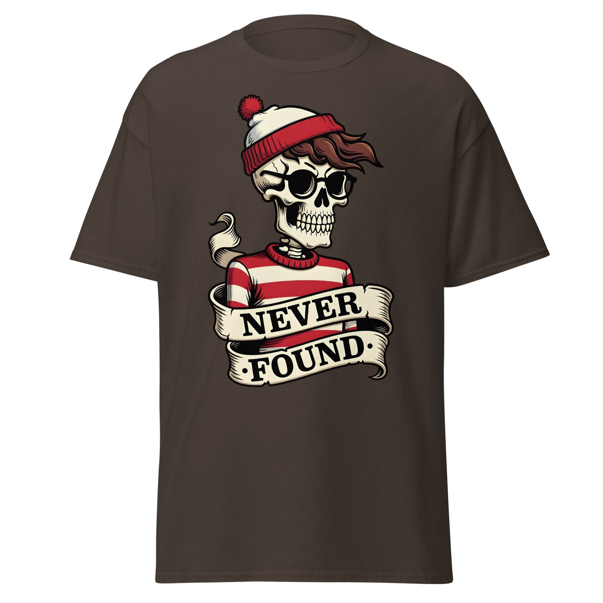 Never Found Skeleton T-Shirt - Funny Waldo Parody Tee - Dark Chocolate - T-Shirts Online