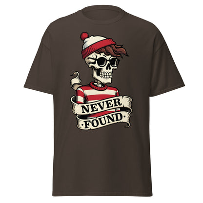 Never Found Skeleton T-Shirt - Funny Waldo Parody Tee - Dark Chocolate - T-Shirts Online