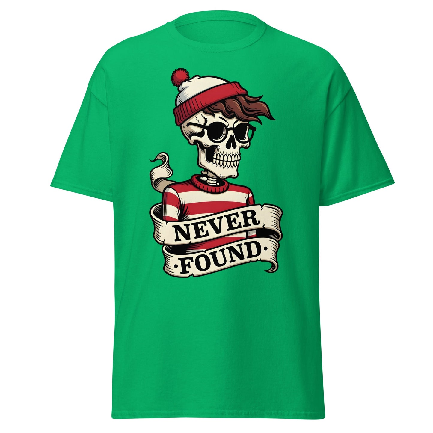 Never Found Skeleton T-Shirt - Funny Waldo Parody Tee - Irish Green - T-Shirts Online