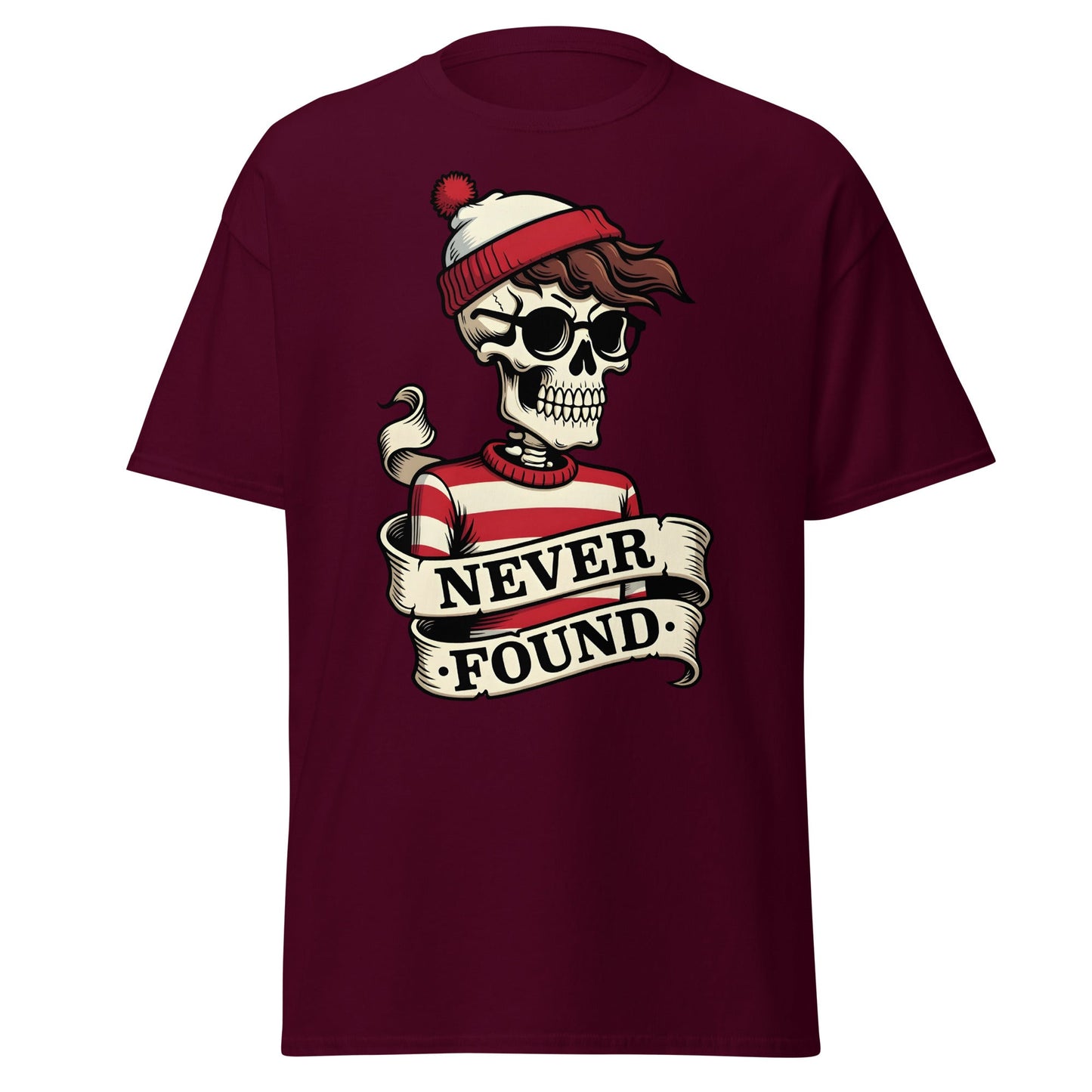 Never Found Skeleton T-Shirt - Funny Waldo Parody Tee - Maroon - T-Shirts Online
