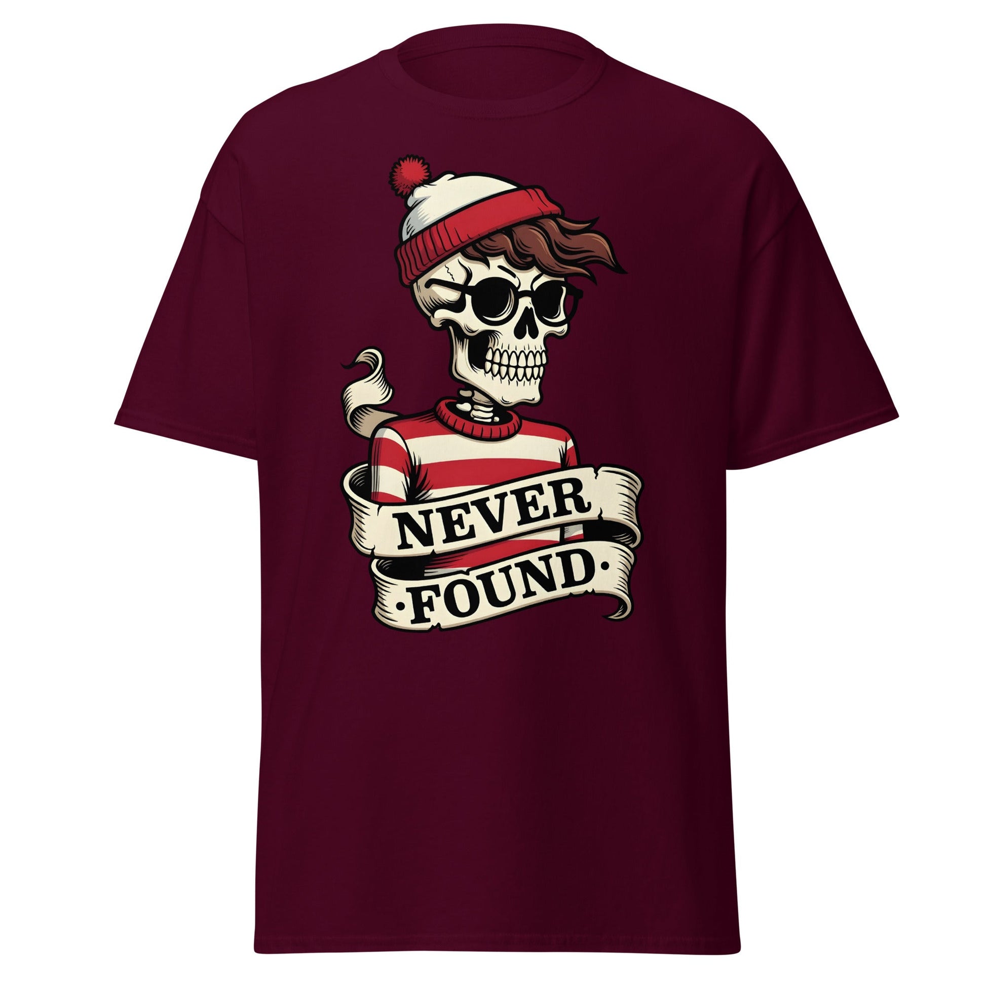 Never Found Skeleton T-Shirt - Funny Waldo Parody Tee - Maroon - T-Shirts Online
