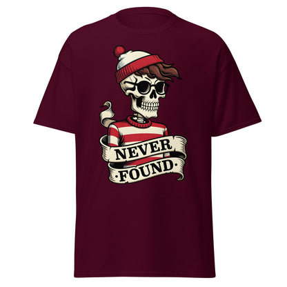 Never Found Skeleton T-Shirt - Funny Waldo Parody Tee - Maroon - T-Shirts Online