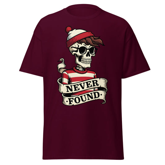 Never Found Skeleton T-Shirt - Funny Waldo Parody Tee - Maroon - T-Shirts Online
