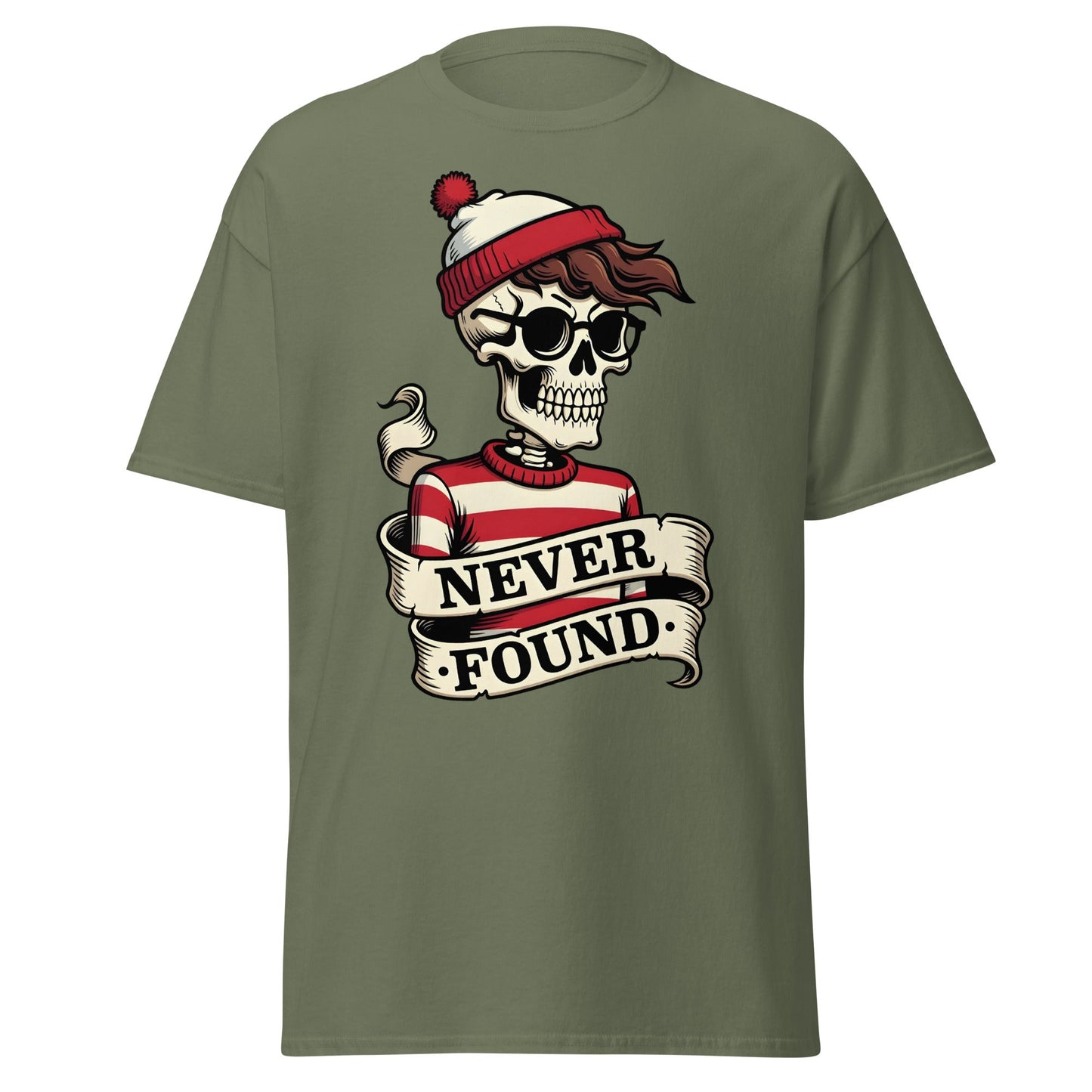 Never Found Skeleton T-Shirt - Funny Waldo Parody Tee - Military Green - T-Shirts Online