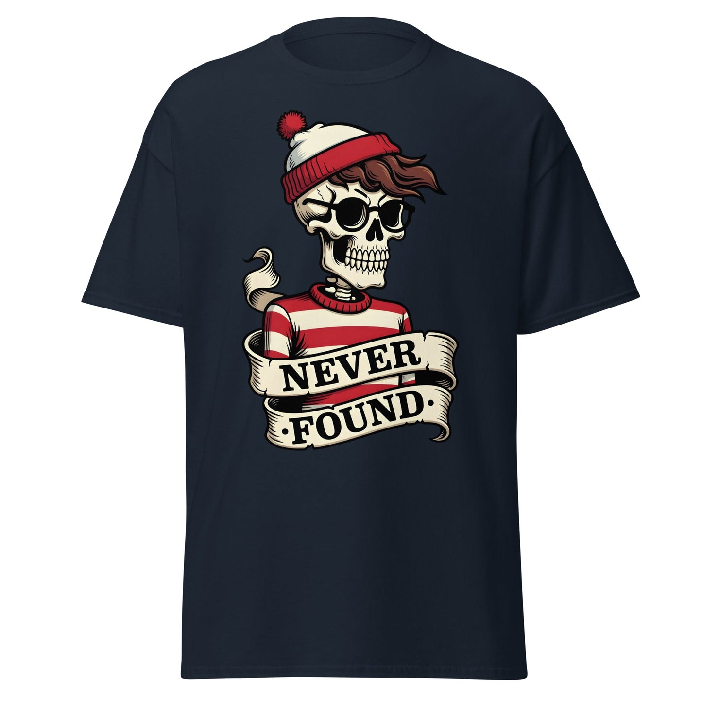 Never Found Skeleton T-Shirt - Funny Waldo Parody Tee - Navy - T-Shirts Online