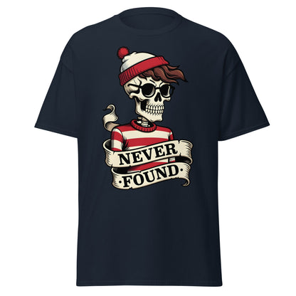 Never Found Skeleton T-Shirt - Funny Waldo Parody Tee - Navy - T-Shirts Online
