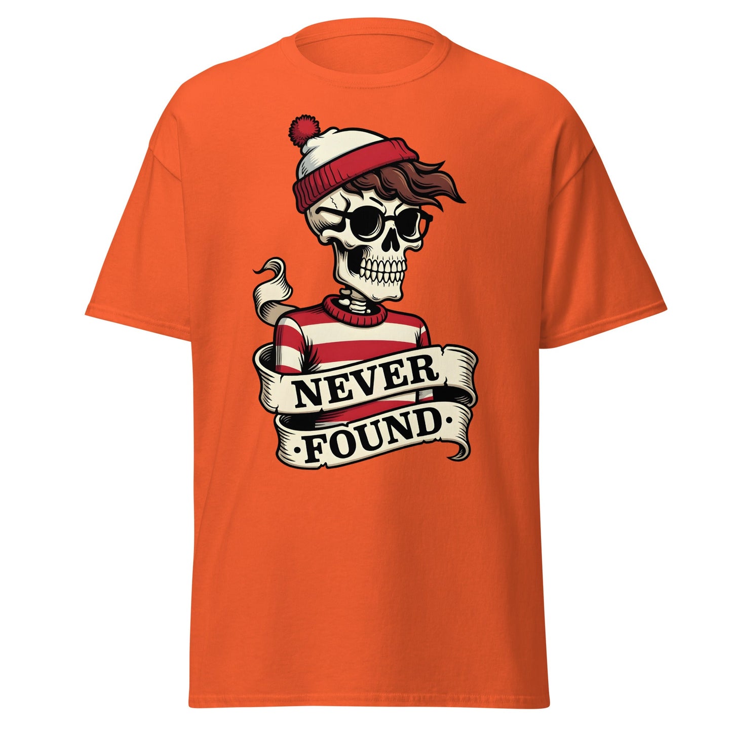 Never Found Skeleton T-Shirt - Funny Waldo Parody Tee - Orange - T-Shirts Online