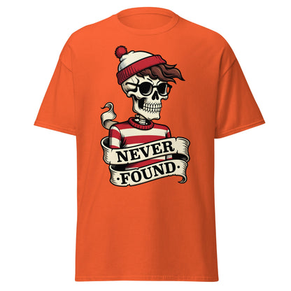 Never Found Skeleton T-Shirt - Funny Waldo Parody Tee - Orange - T-Shirts Online