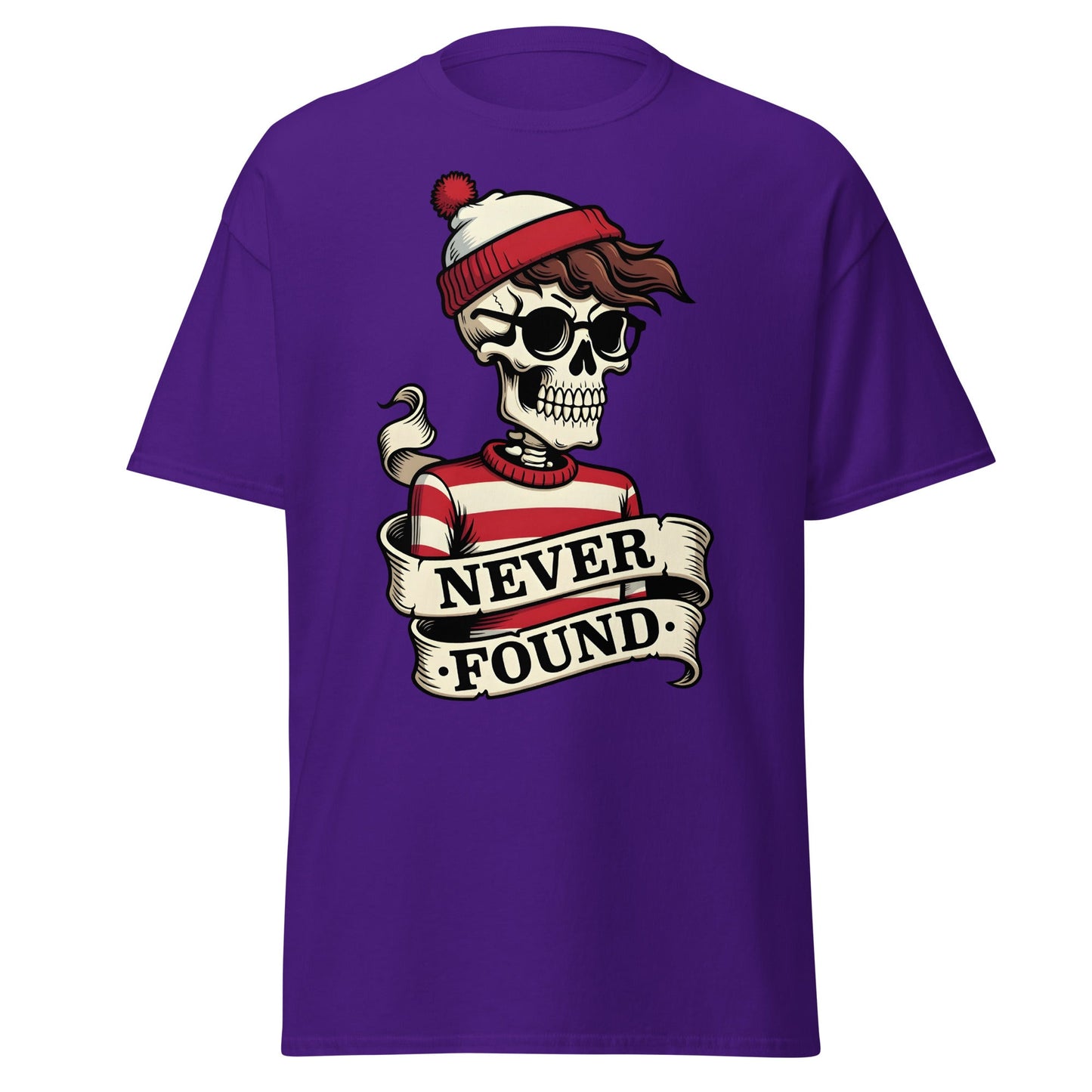 Never Found Skeleton T-Shirt - Funny Waldo Parody Tee - Purple - T-Shirts Online