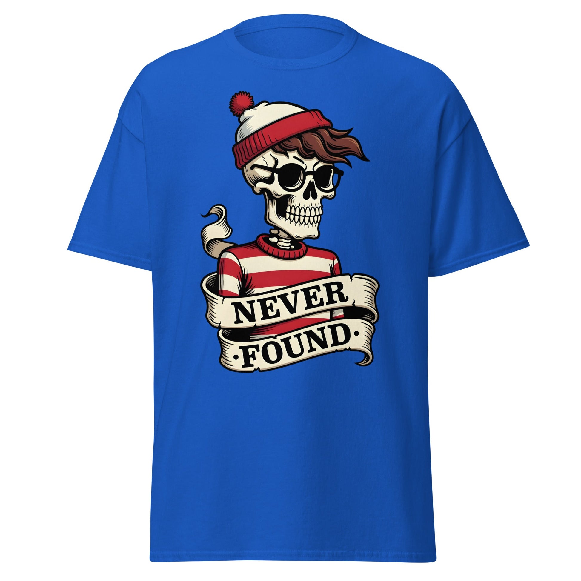 Never Found Skeleton T-Shirt - Funny Waldo Parody Tee - Royal - T-Shirts Online