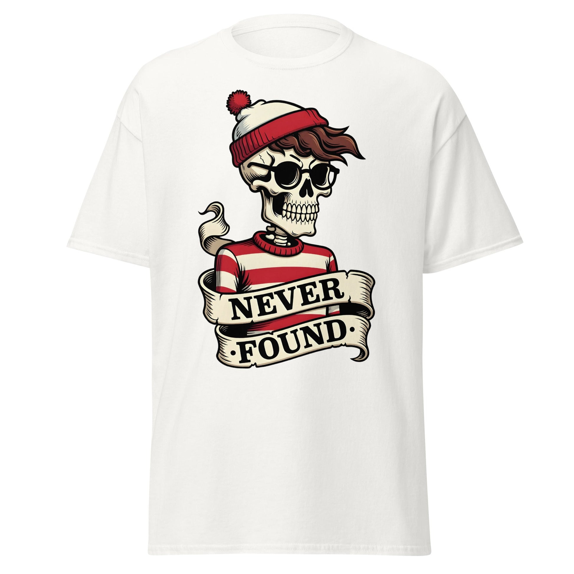 Never Found Skeleton T-Shirt - Funny Waldo Parody Tee - White - T-Shirts Online