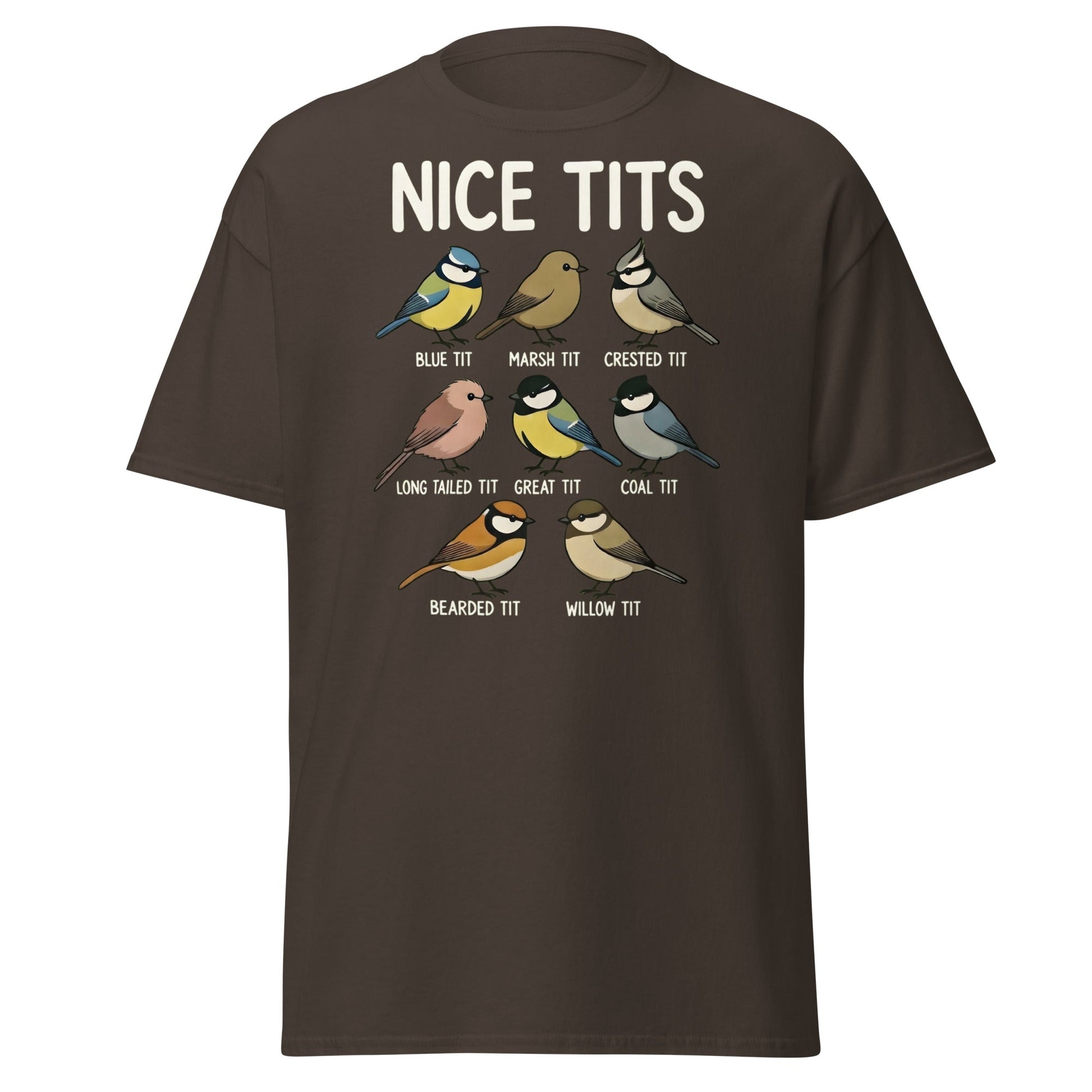 Nice Tits Shirt - Funny Bird Watching Pun Graphic Tee - Dark Chocolate - T-Shirts Online