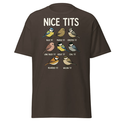 Nice Tits Shirt - Funny Bird Watching Pun Graphic Tee - Dark Chocolate - T-Shirts Online