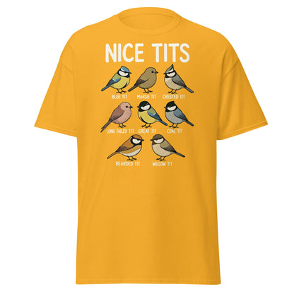 Nice Tits Shirt - Funny Bird Watching Pun Graphic Tee - Gold - T-Shirts Online