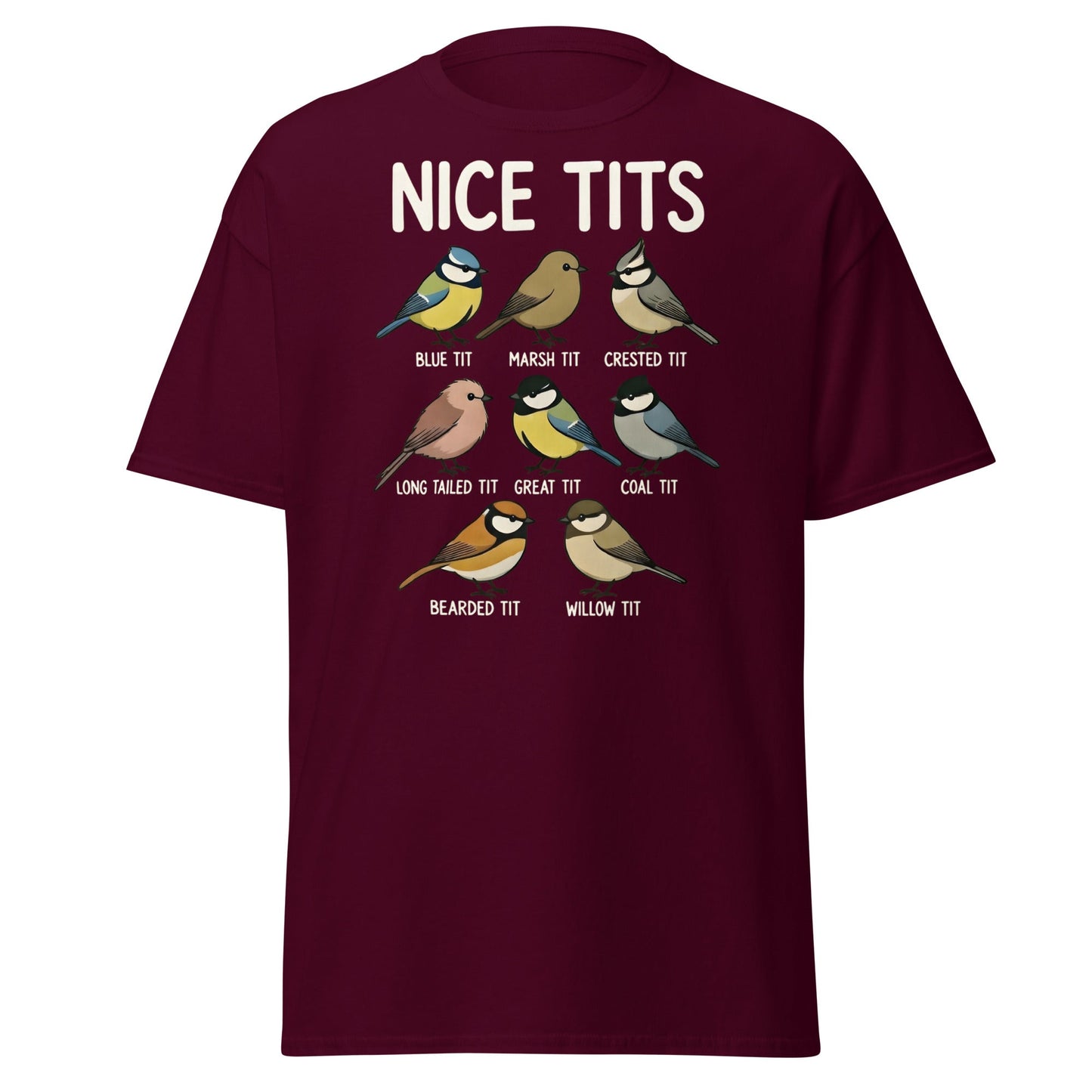 Nice Tits Shirt - Funny Bird Watching Pun Graphic Tee - Maroon - T-Shirts Online