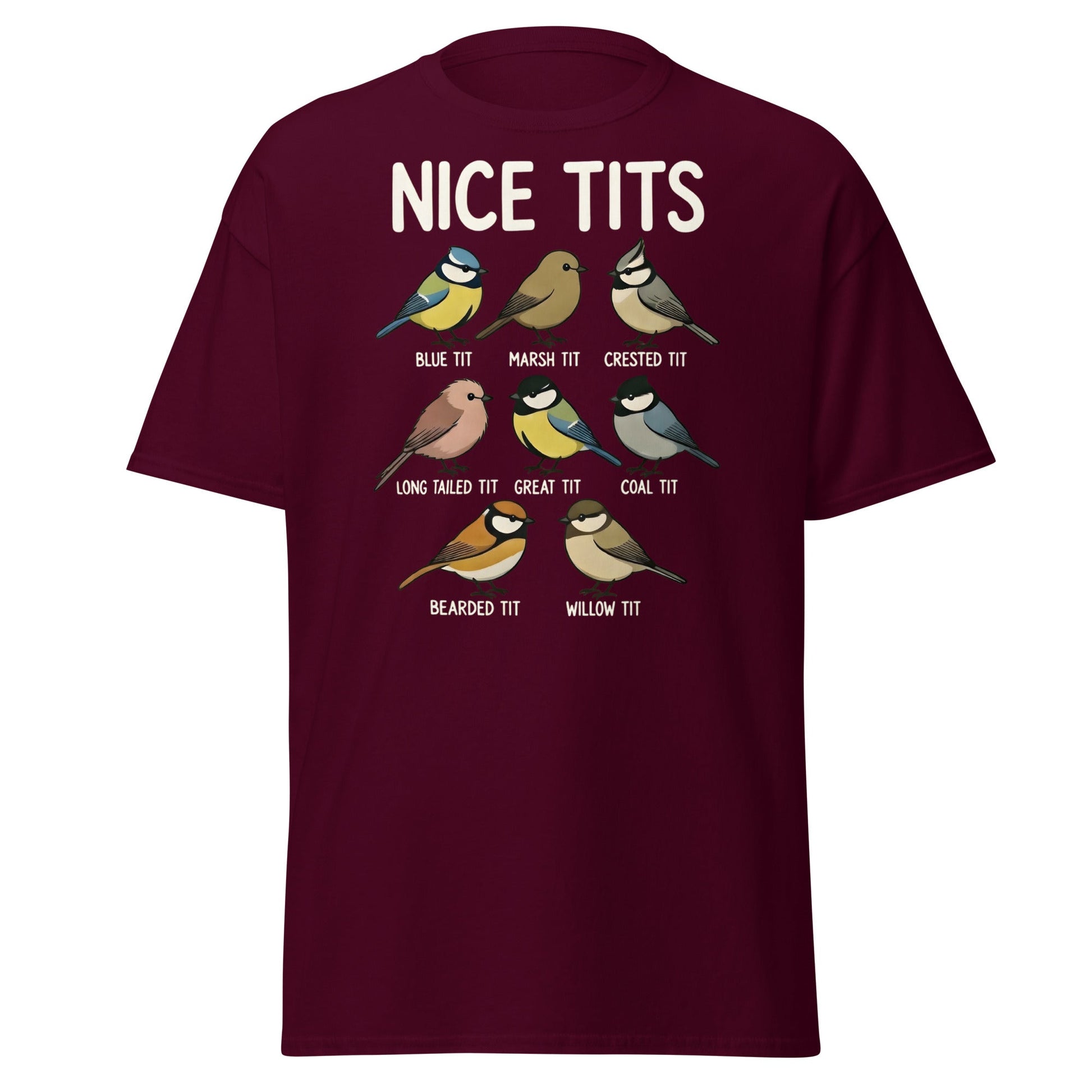 Nice Tits Shirt - Funny Bird Watching Pun Graphic Tee - Maroon - T-Shirts Online