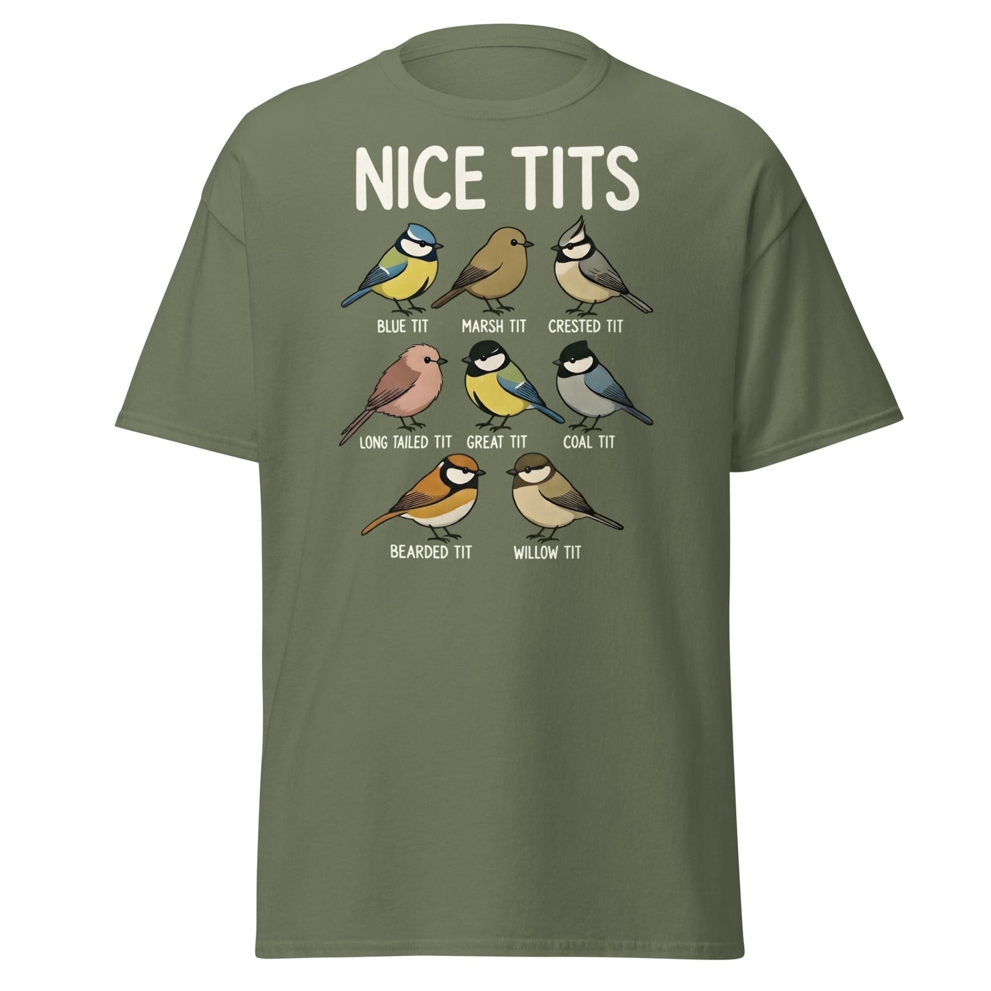 Nice Tits Shirt - Funny Bird Watching Pun Graphic Tee - Military Green - T-Shirts Online
