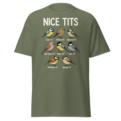 Nice Tits Shirt - Funny Bird Watching Pun Graphic Tee - Military Green - T-Shirts Online