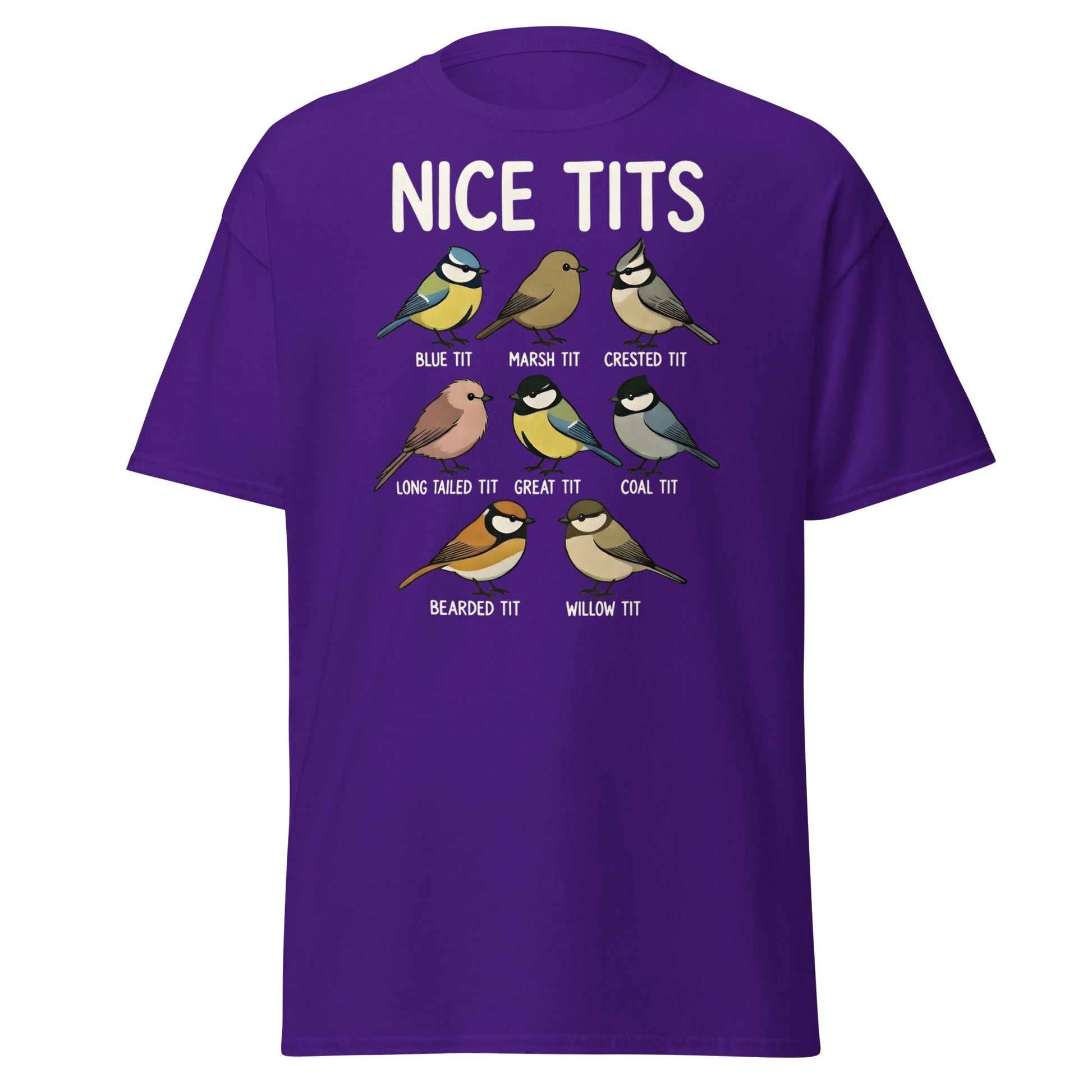 Nice Tits Shirt - Funny Bird Watching Pun Graphic Tee - Purple - T-Shirts Online