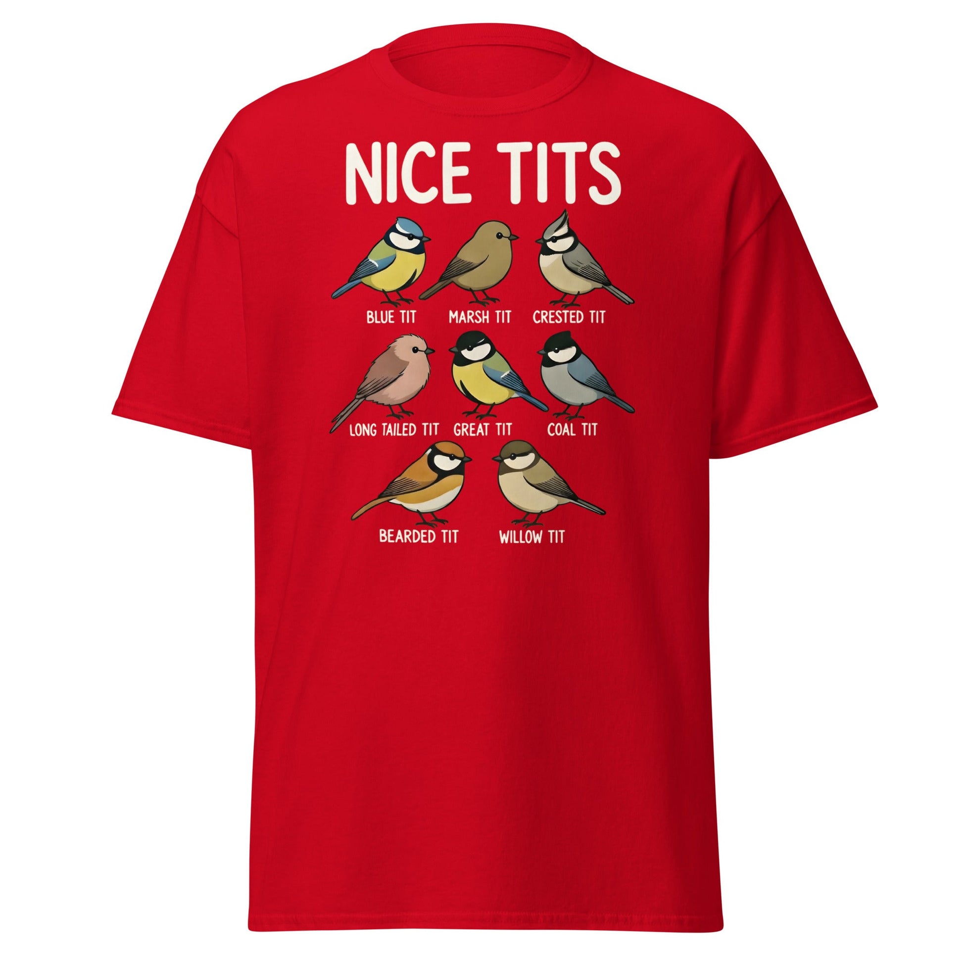 Nice Tits Shirt - Funny Bird Watching Pun Graphic Tee - Red - T-Shirts Online