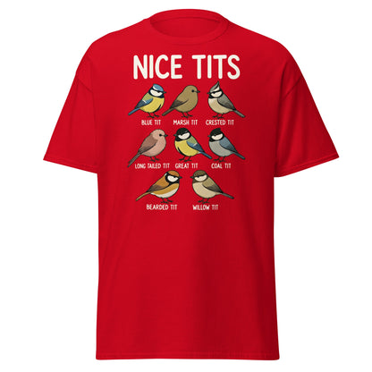 Nice Tits Shirt - Funny Bird Watching Pun Graphic Tee - Red - T-Shirts Online