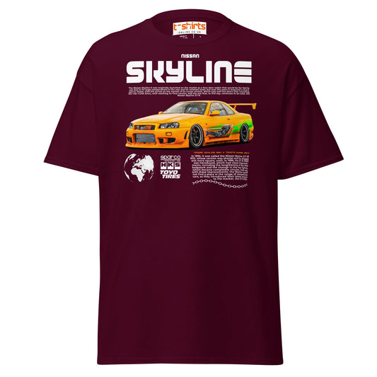 Nissan Skyline GT - R R34 T-Shirt – JDM Car Lovers Tee - Maroon - T-Shirts Online