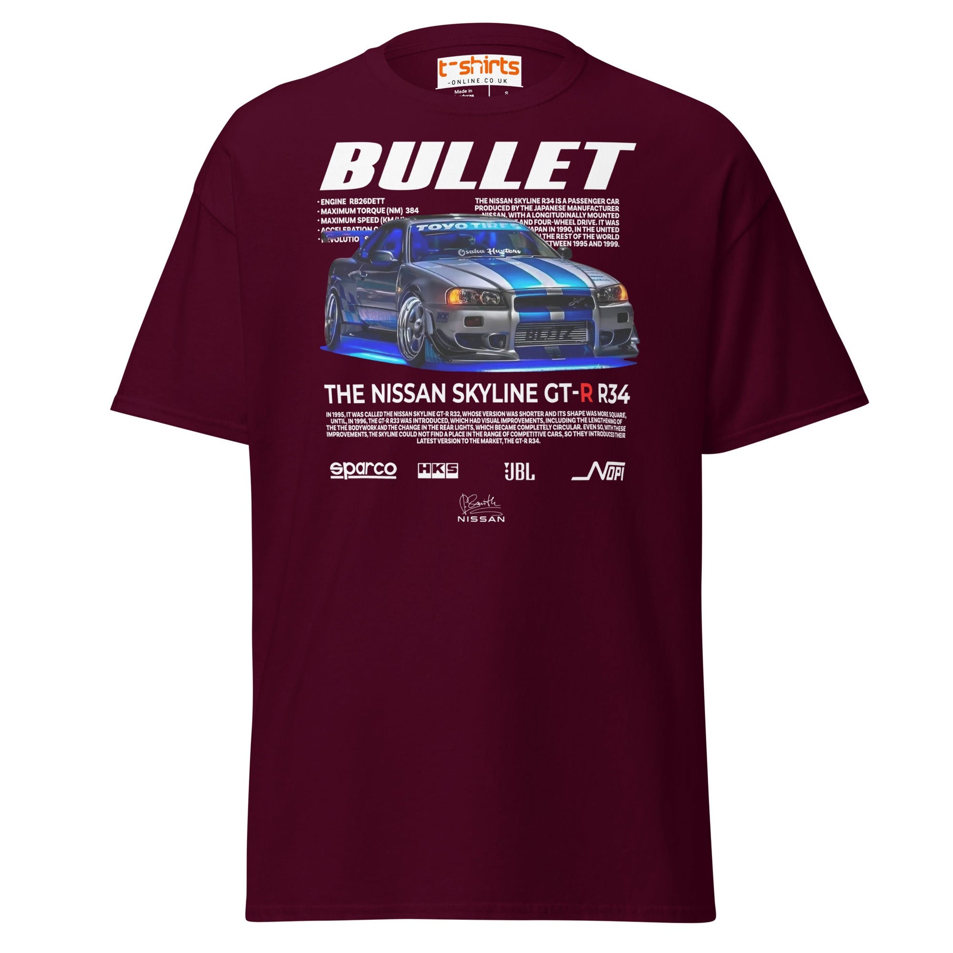 Nissan Skyline GT - R R34 T-Shirt | JDM Car Tee - Maroon - T-Shirts Online