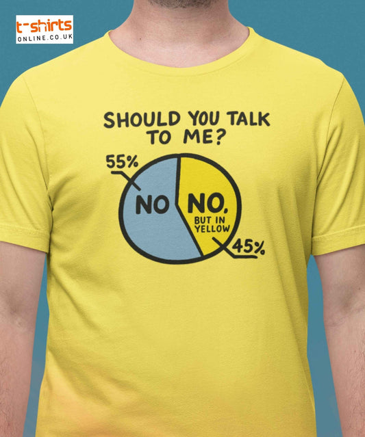 Yellow t-shirt with a humorous graphic design on a blue background
