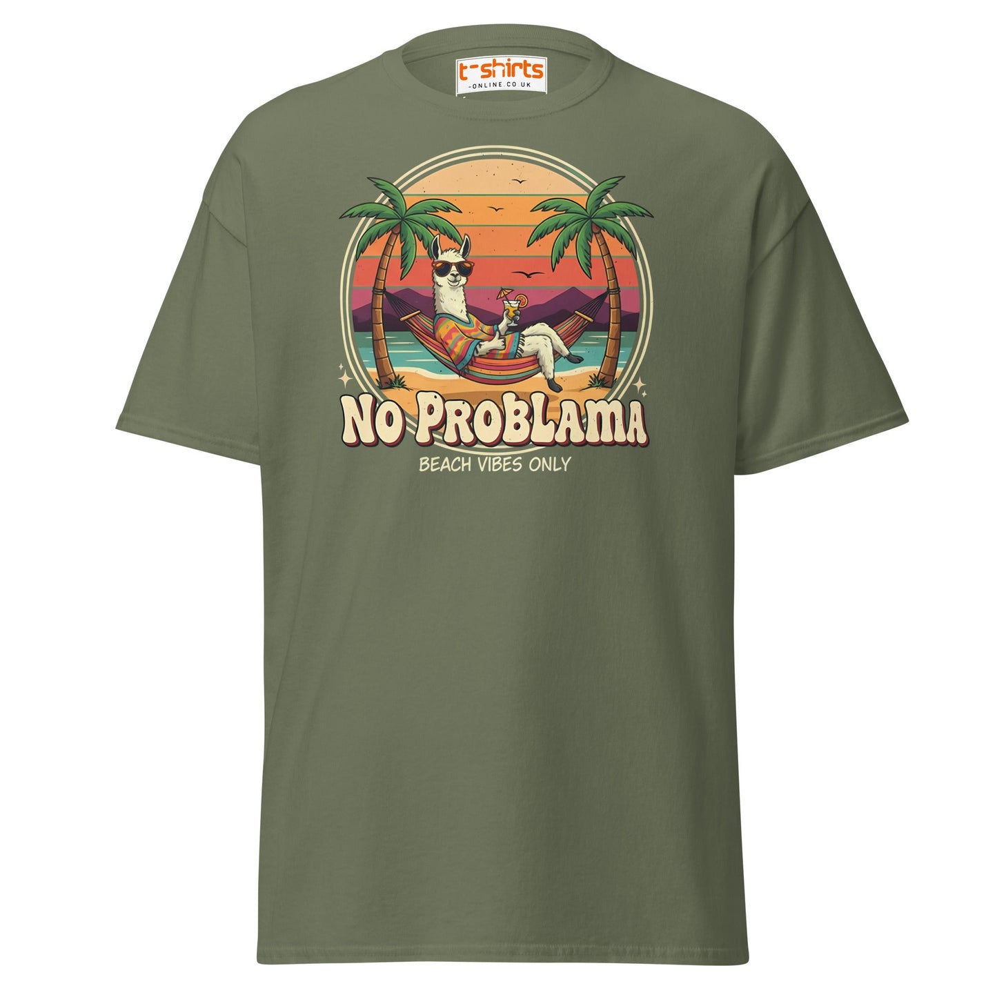 No Problama T-Shirt | Funny Llama Beach Vibes Tee - Military Green - T-Shirts Online