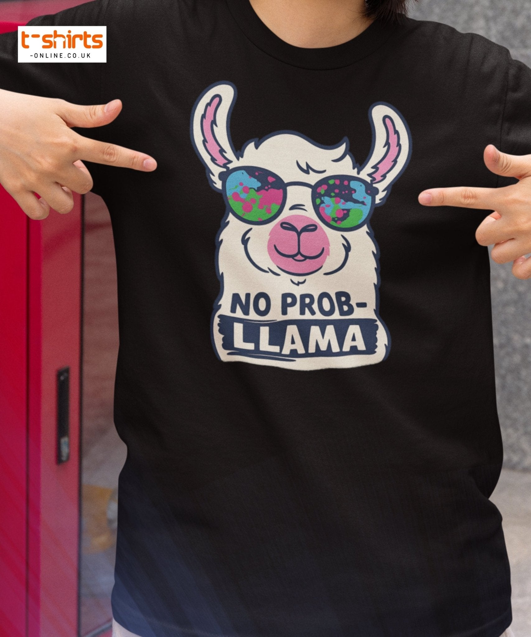 Black t-shirt with a llama graphic and 'No Prob-Llama' text, worn by a person.