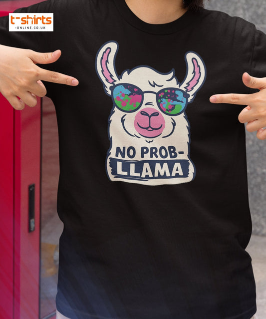 Black t-shirt with a llama graphic and 'No Prob-Llama' text, worn by a person.