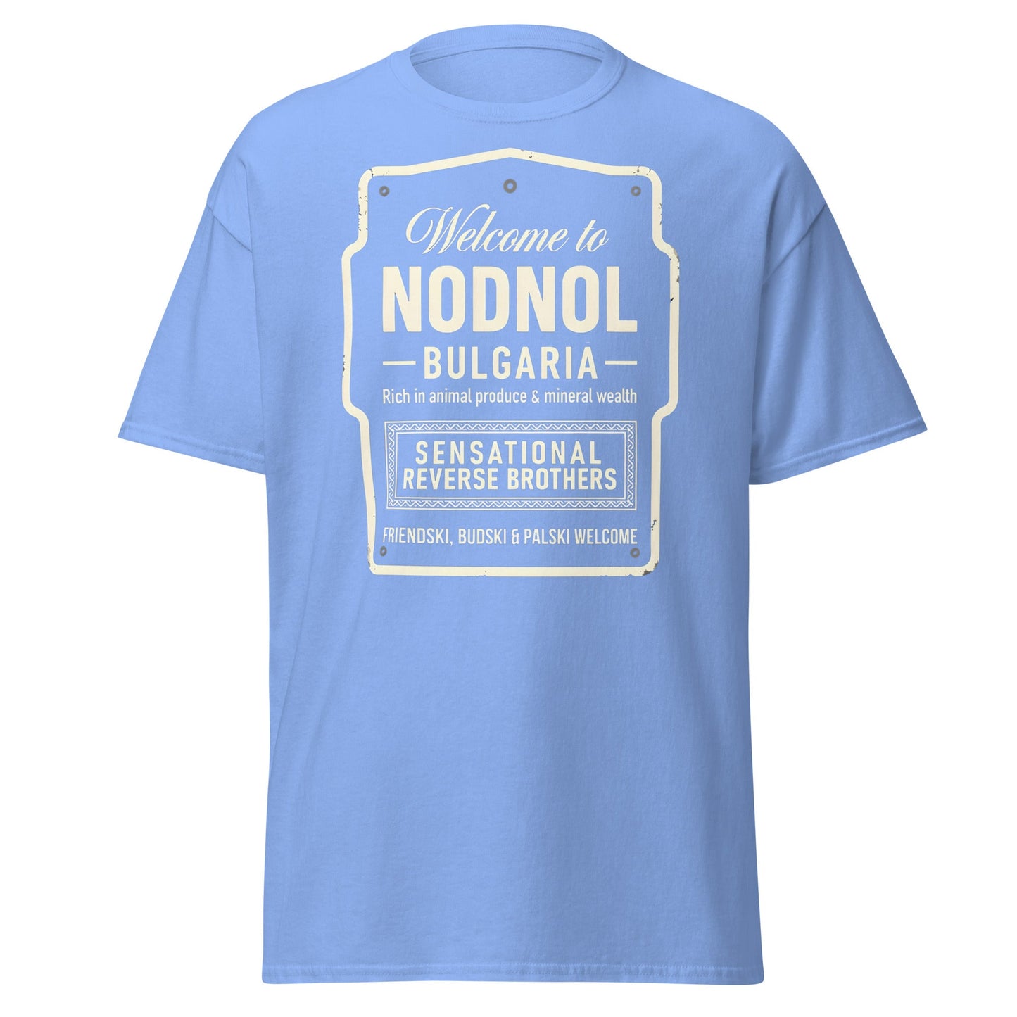 Nodnol Bulgaria T-Shirt - Red Dwarf Inspired Retro Sign Tee - Carolina Blue - T-Shirts Online