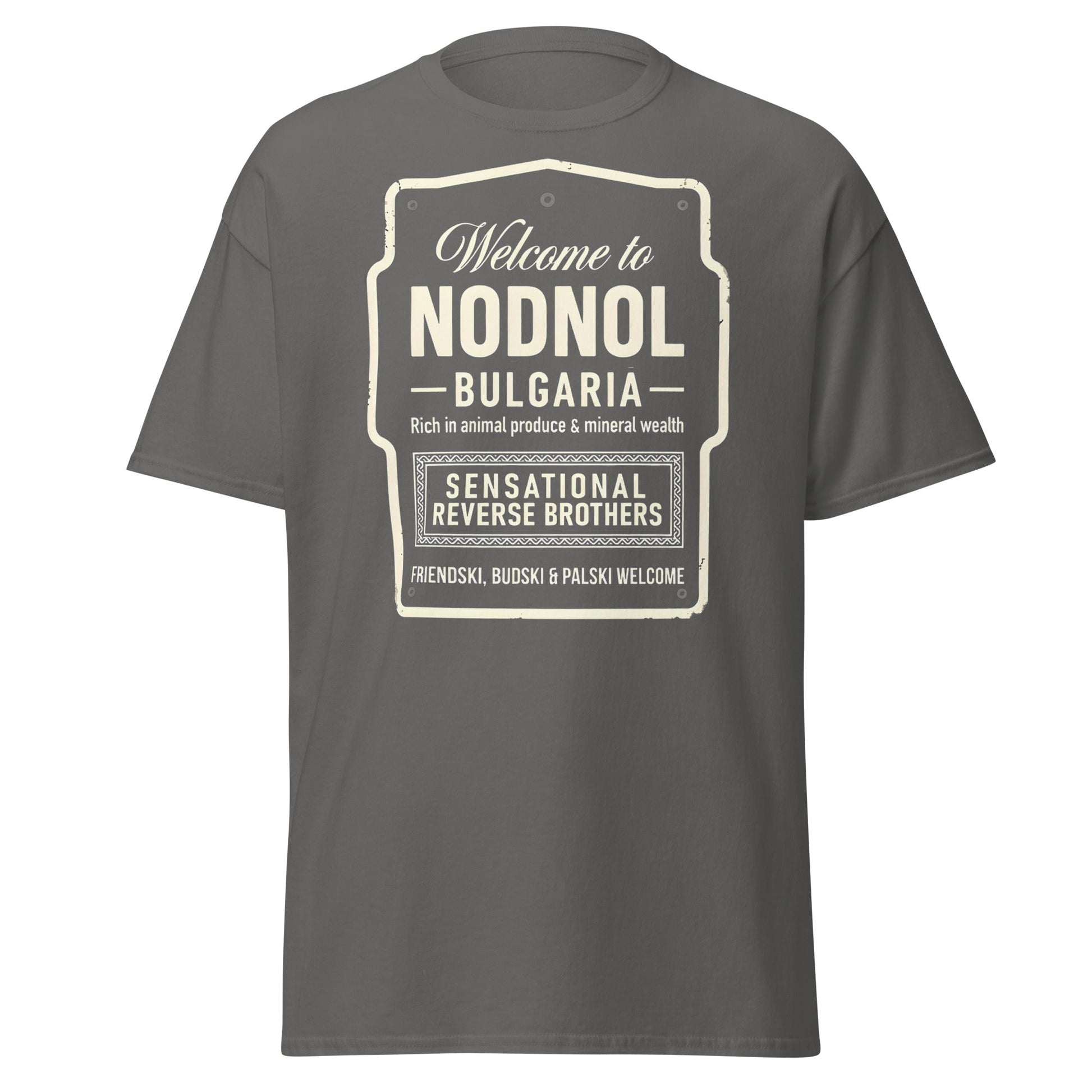 Nodnol Bulgaria T-Shirt - Red Dwarf Inspired Retro Sign Tee - Charcoal - T-Shirts Online
