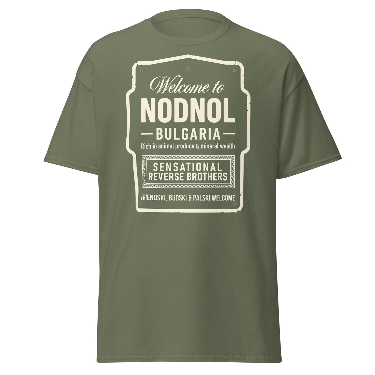 Nodnol Bulgaria T-Shirt - Red Dwarf Inspired Retro Sign Tee - Military Green - T-Shirts Online
