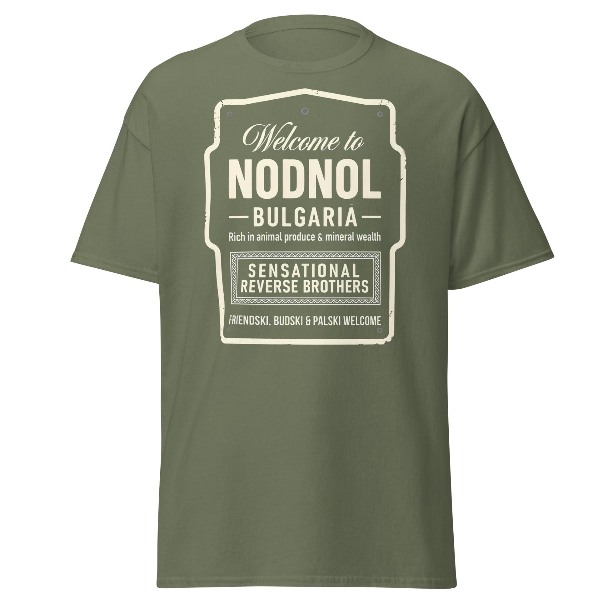 Nodnol Bulgaria T-Shirt - Red Dwarf Inspired Retro Sign Tee - Military Green - T-Shirts Online