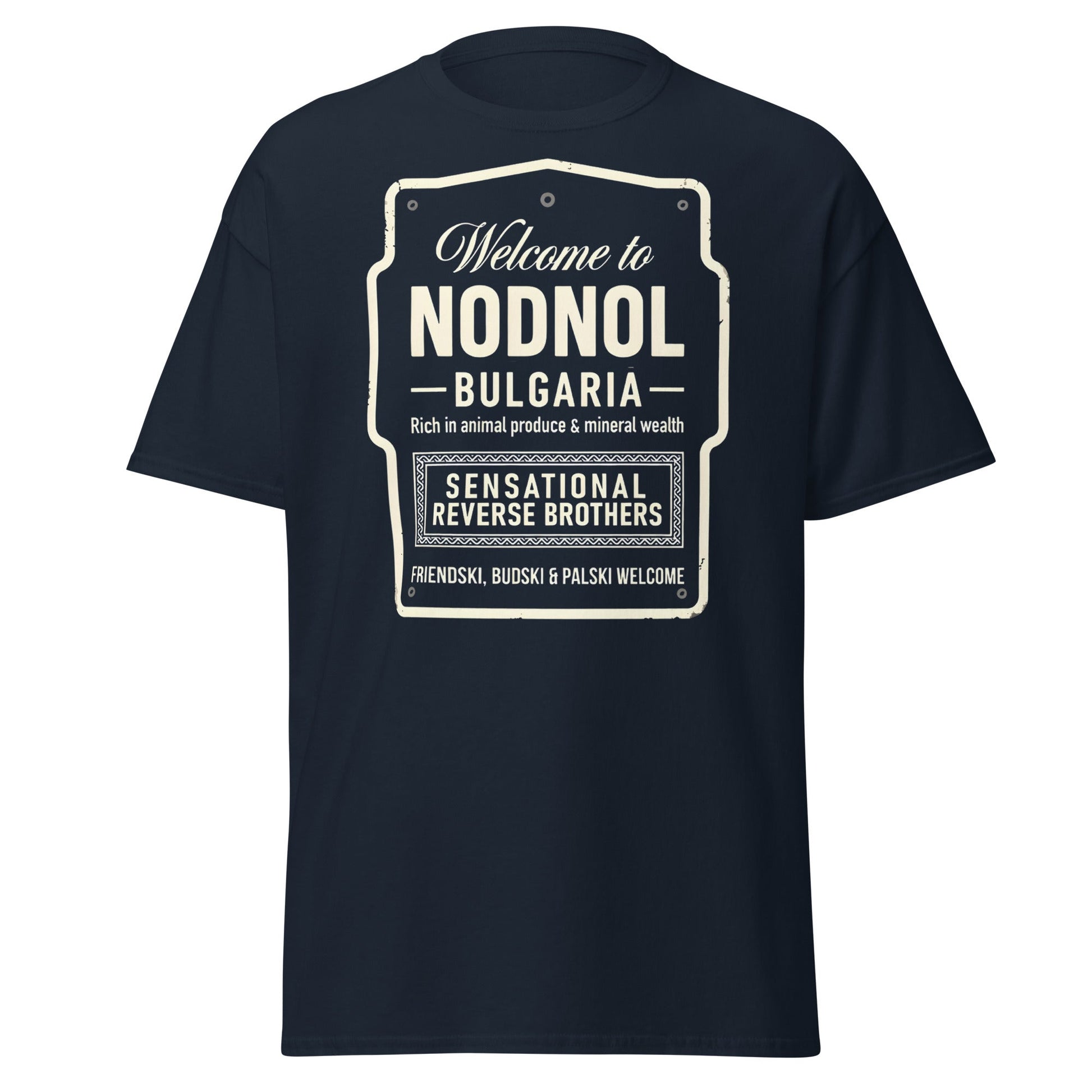 Nodnol Bulgaria T-Shirt - Red Dwarf Inspired Retro Sign Tee - Navy - T-Shirts Online