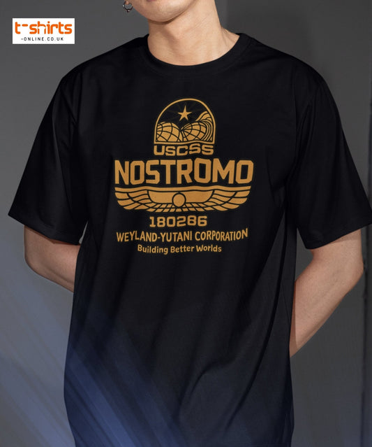 Black t-shirt with gold 'Nostromo' logo worn by a person against a gradient background