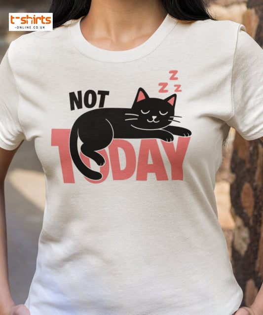 White t-shirt with a black cat graphic and 'Not Today' text on a blurred background