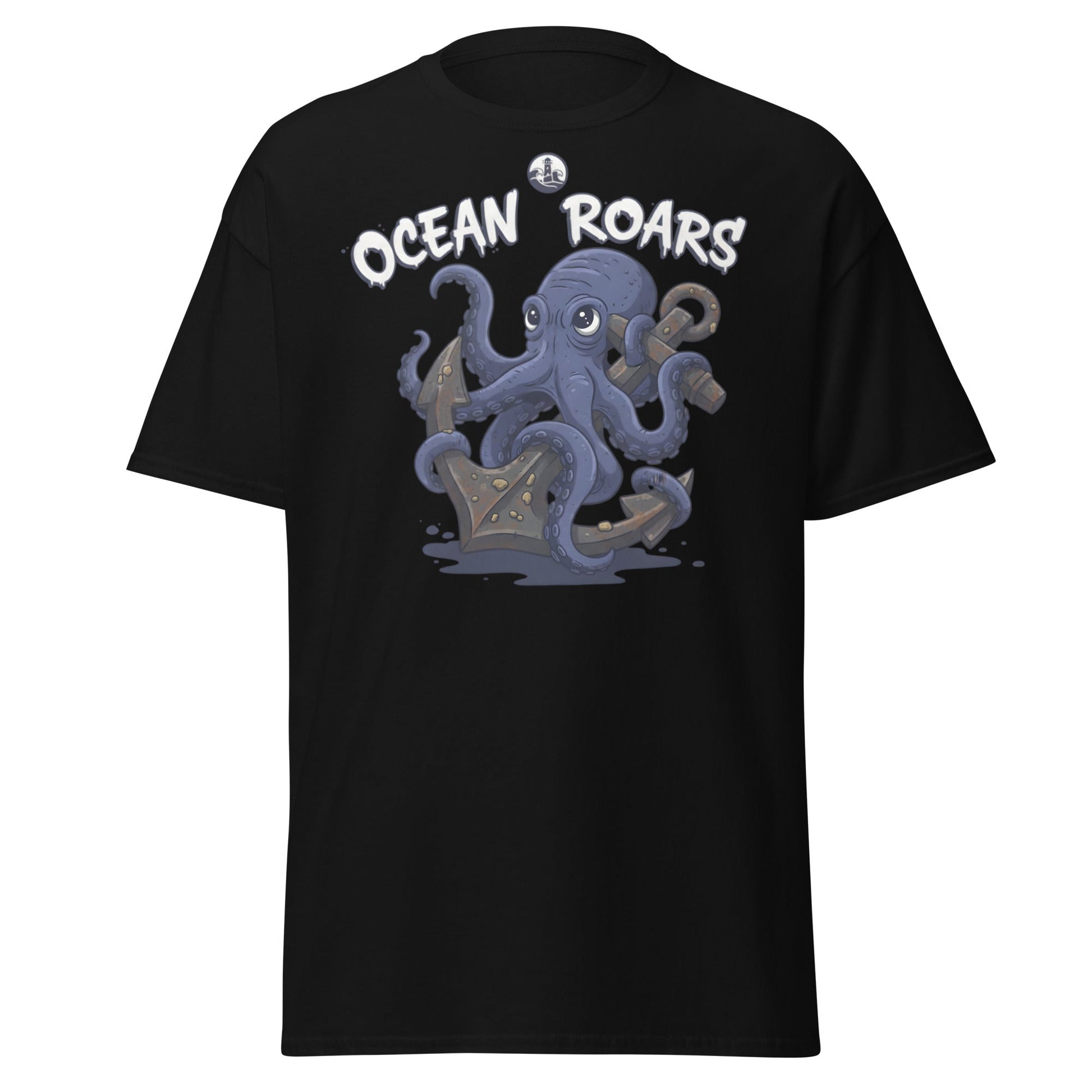 Ocean Roars Octopus T-Shirt | Cute Nautical Marine Life Anchor Tee - Black - T-Shirts Online