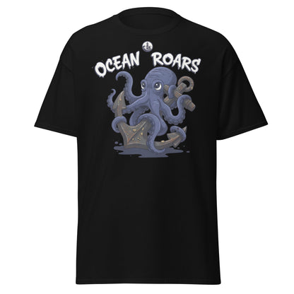 Ocean Roars Octopus T-Shirt | Cute Nautical Marine Life Anchor Tee - Black - T-Shirts Online