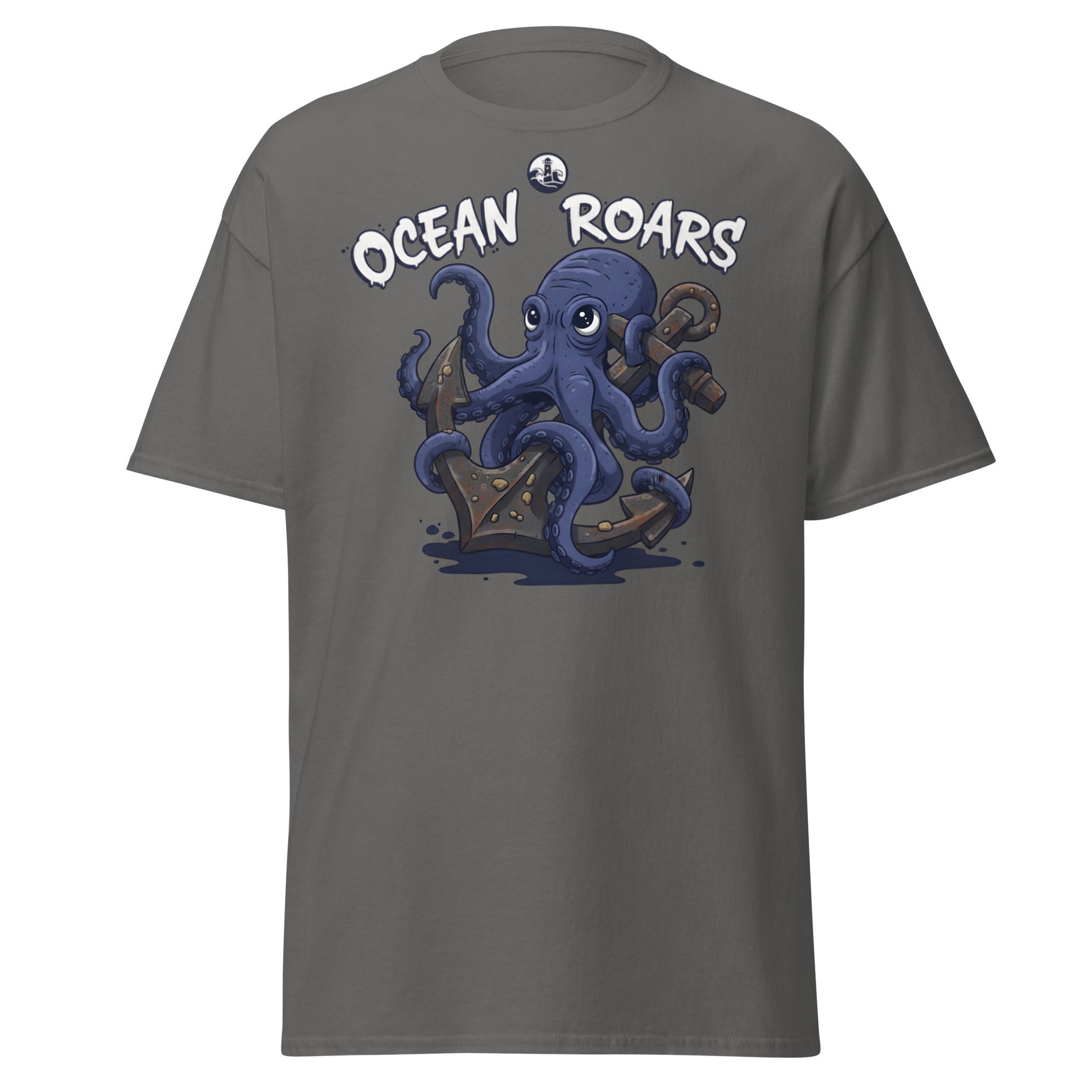 Ocean Roars Octopus T-Shirt | Cute Nautical Marine Life Anchor Tee - Charcoal - T-Shirts Online