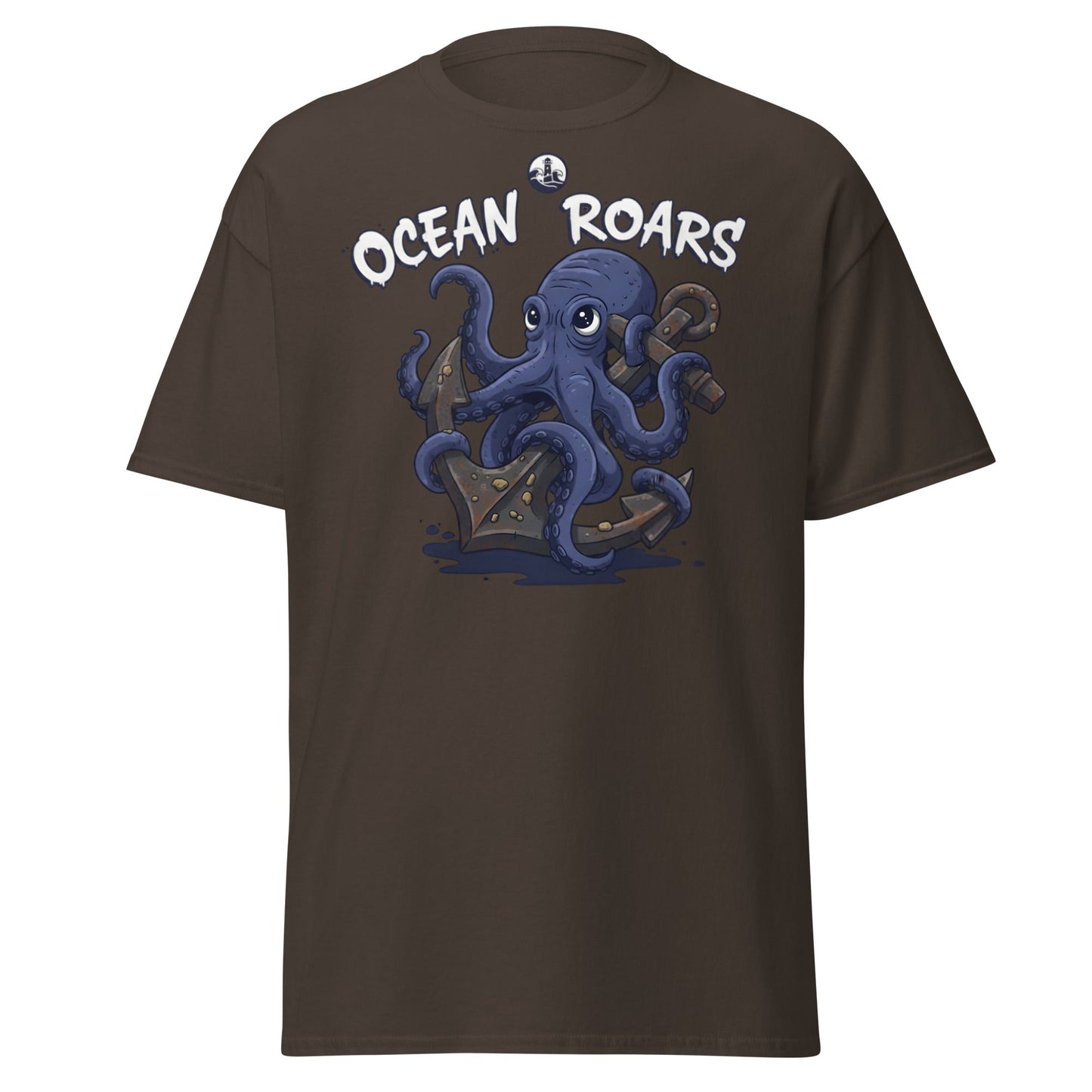 Ocean Roars Octopus T-Shirt | Cute Nautical Marine Life Anchor Tee - Dark Chocolate - T-Shirts Online
