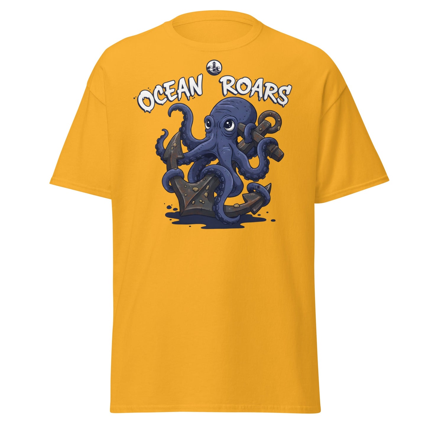 Ocean Roars Octopus T-Shirt | Cute Nautical Marine Life Anchor Tee - Gold - T-Shirts Online