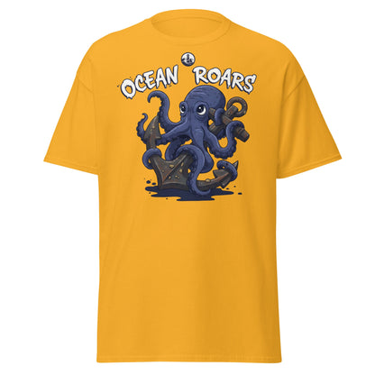 Ocean Roars Octopus T-Shirt | Cute Nautical Marine Life Anchor Tee - Gold - T-Shirts Online