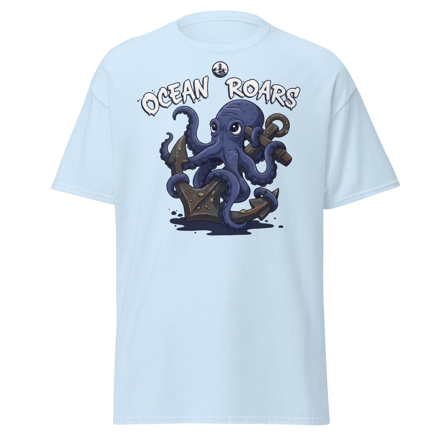 Ocean Roars Octopus T-Shirt | Cute Nautical Marine Life Anchor Tee - Light Blue - T-Shirts Online