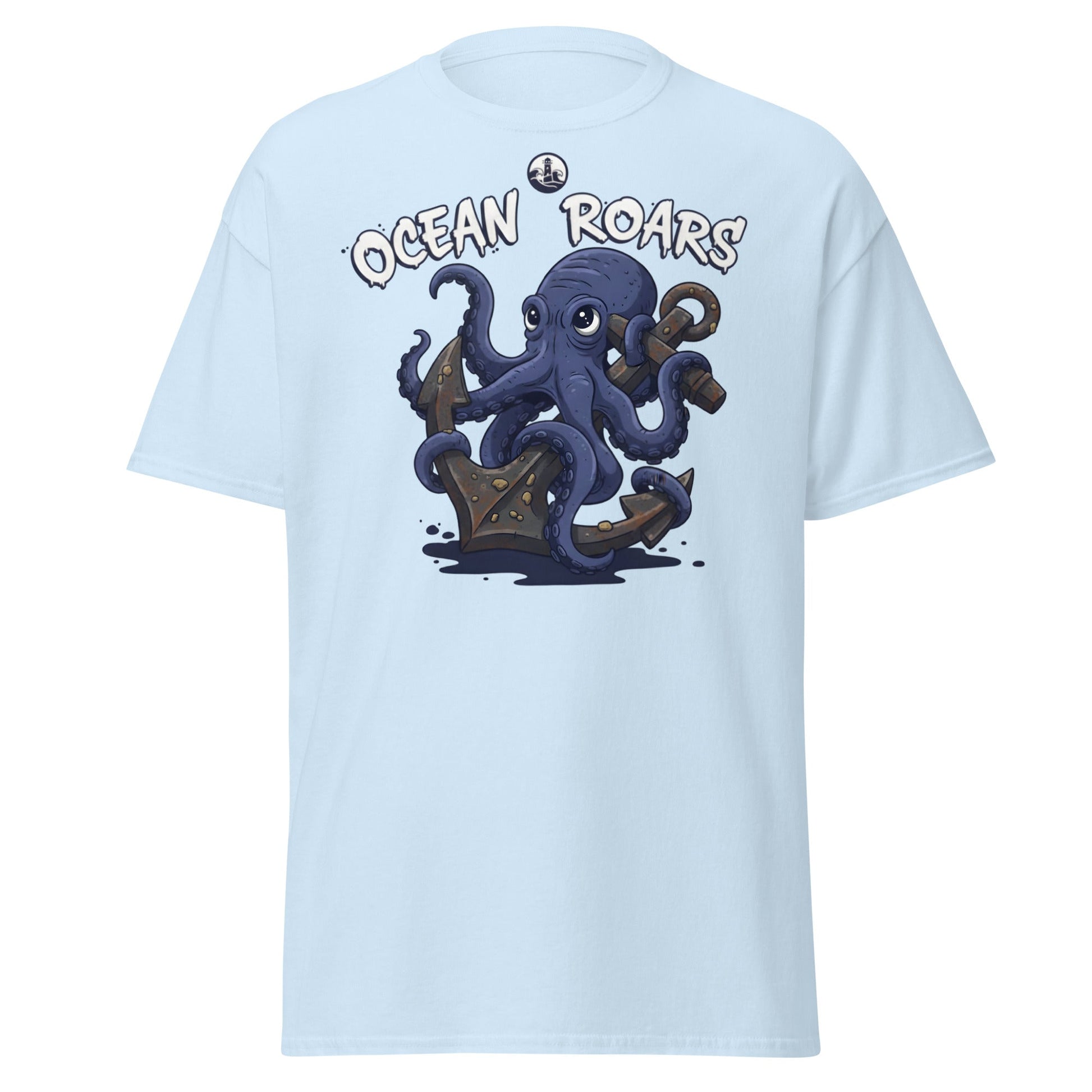 Ocean Roars Octopus T-Shirt | Cute Nautical Marine Life Anchor Tee - Light Blue - T-Shirts Online